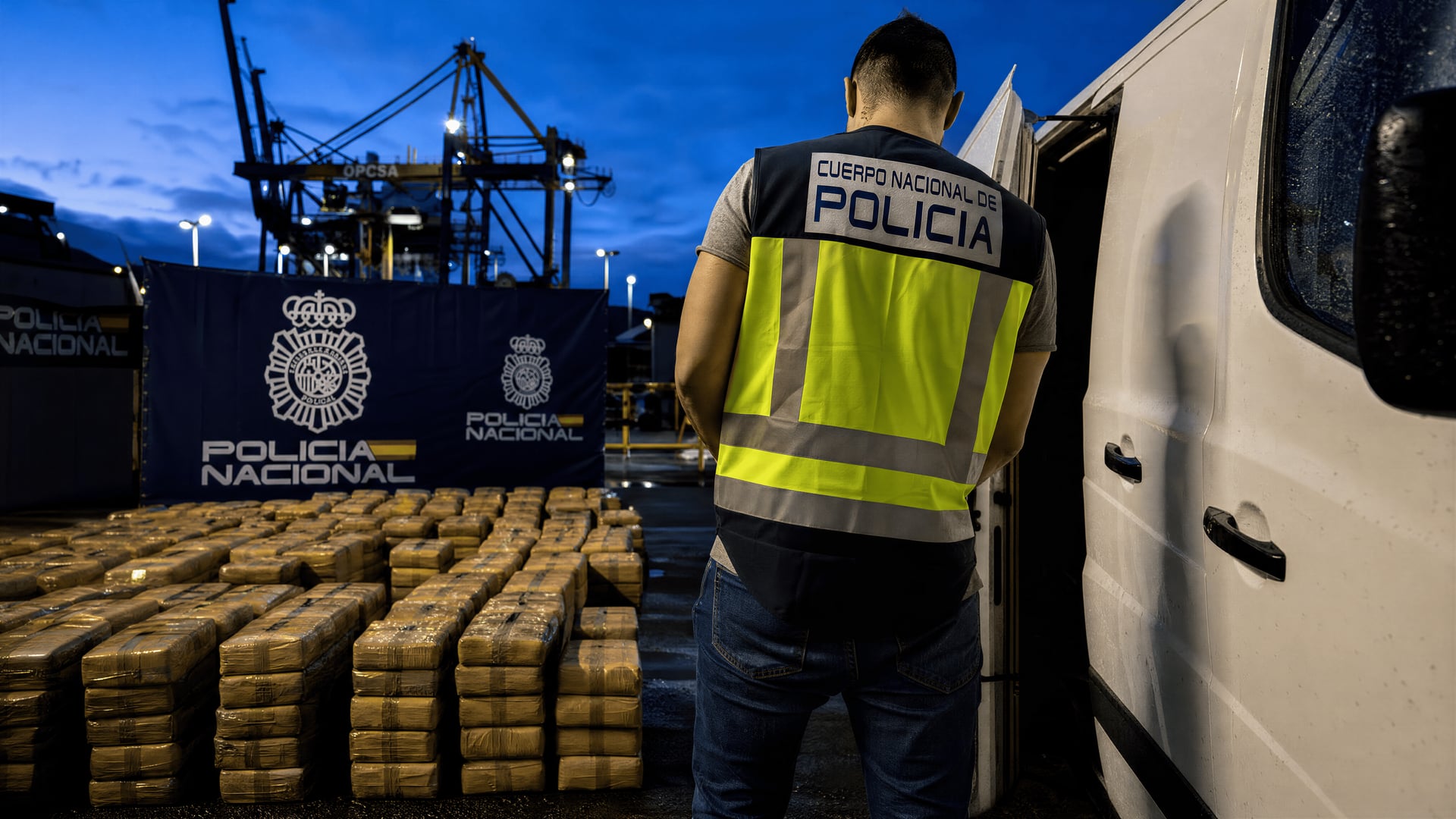 National Police evidence display from Operation Tijuana beside a rented van in Gran Canaria